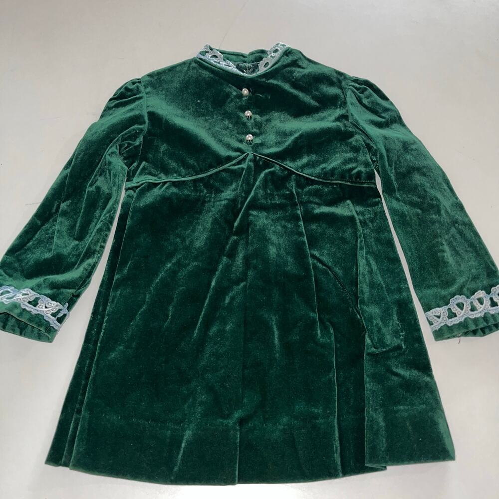 Vintage VTG Handmade Emerald Green Velvet Victorian Style Girls Dress (0960)